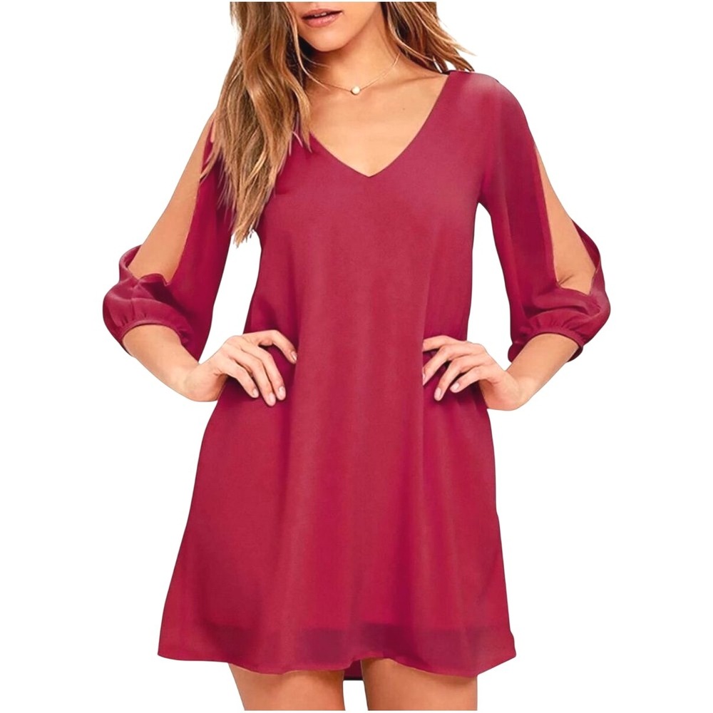 Shy Velvet‎ Red V Neck Dress Womens L Long Sleeve Cutout Shoulder Mini